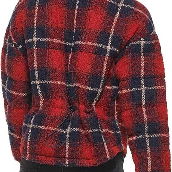 Levi's Cinch Waist Plaid Wool Puffer Jacket Red Blue Women's Medium - Picture 2 of 16